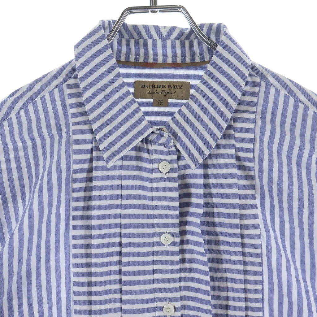 BURBERRY(バーバリー) フロントプリーツデザイン ストライプ長袖シャツ ボタンダウン コットン ホワイト/ブルー 4048443 レディース
