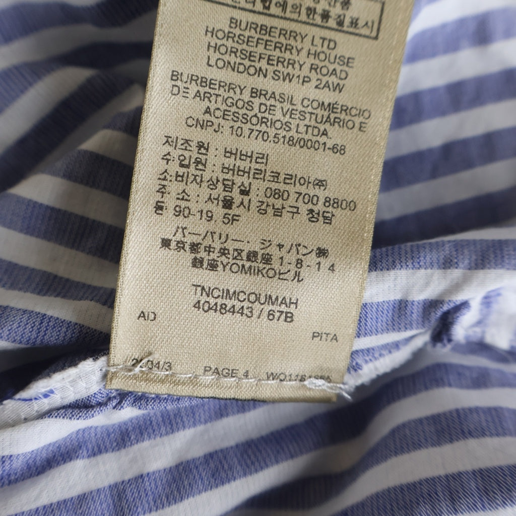 BURBERRY(バーバリー) フロントプリーツデザイン ストライプ長袖シャツ ボタンダウン コットン ホワイト/ブルー 4048443 レディース