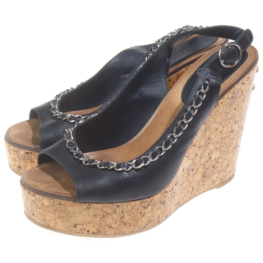 CHANEL(シャネル) ココマーク チェーン装飾 ウェッジソールサンダル レザー コルクソール ブラック/ブラウン レディース