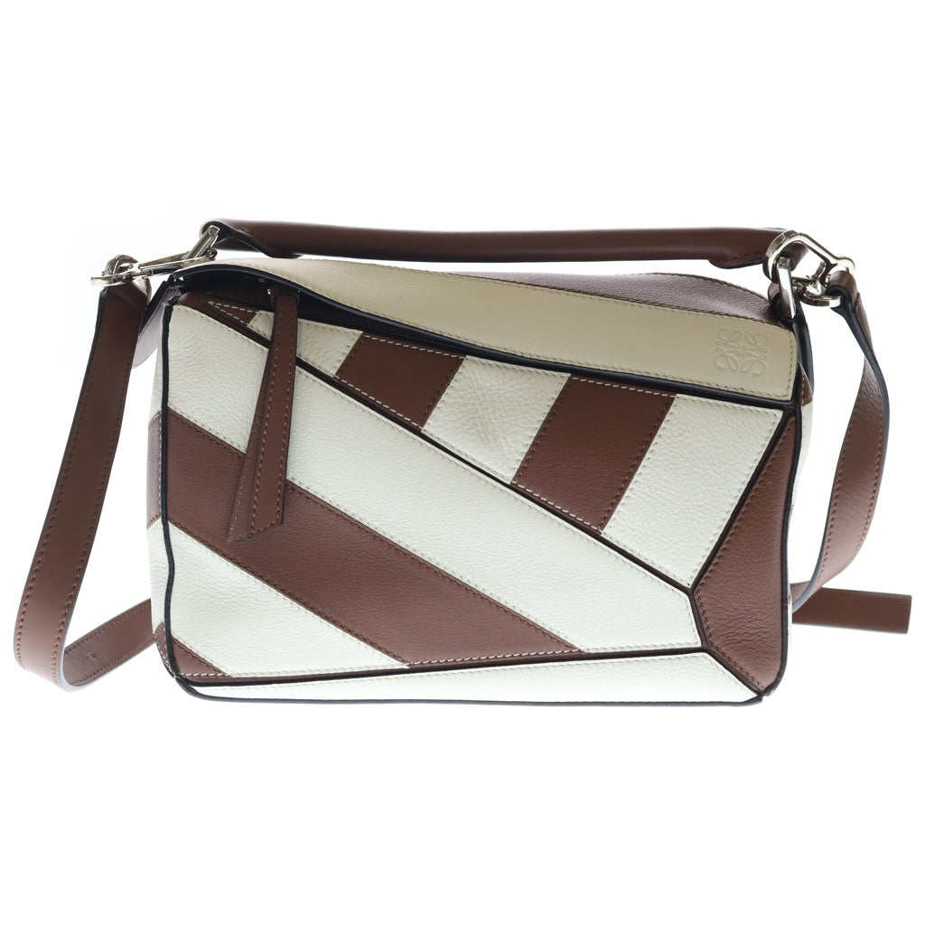 LOEWE(ロエベ) パズルバッグ ミニ ラグビー ショルダーバッグ ブラウン×ホワイト レザー シルバー金具 レディース