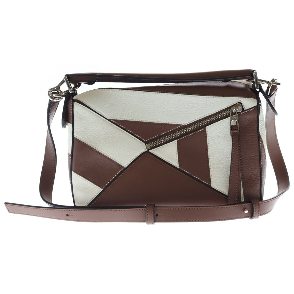 LOEWE(ロエベ) パズルバッグ ミニ ラグビー ショルダーバッグ ブラウン×ホワイト レザー シルバー金具 レディース