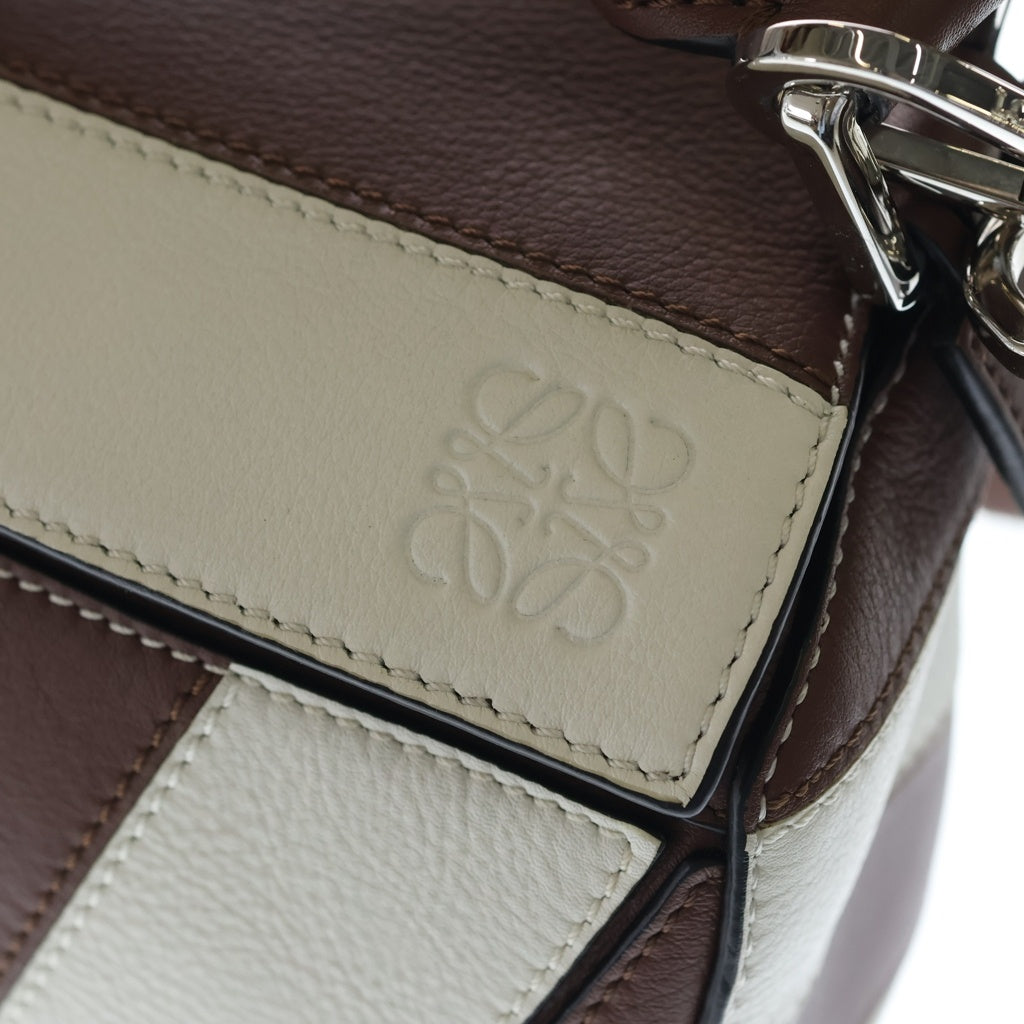 LOEWE(ロエベ) パズルバッグ ミニ ラグビー ショルダーバッグ ブラウン×ホワイト レザー シルバー金具 レディース