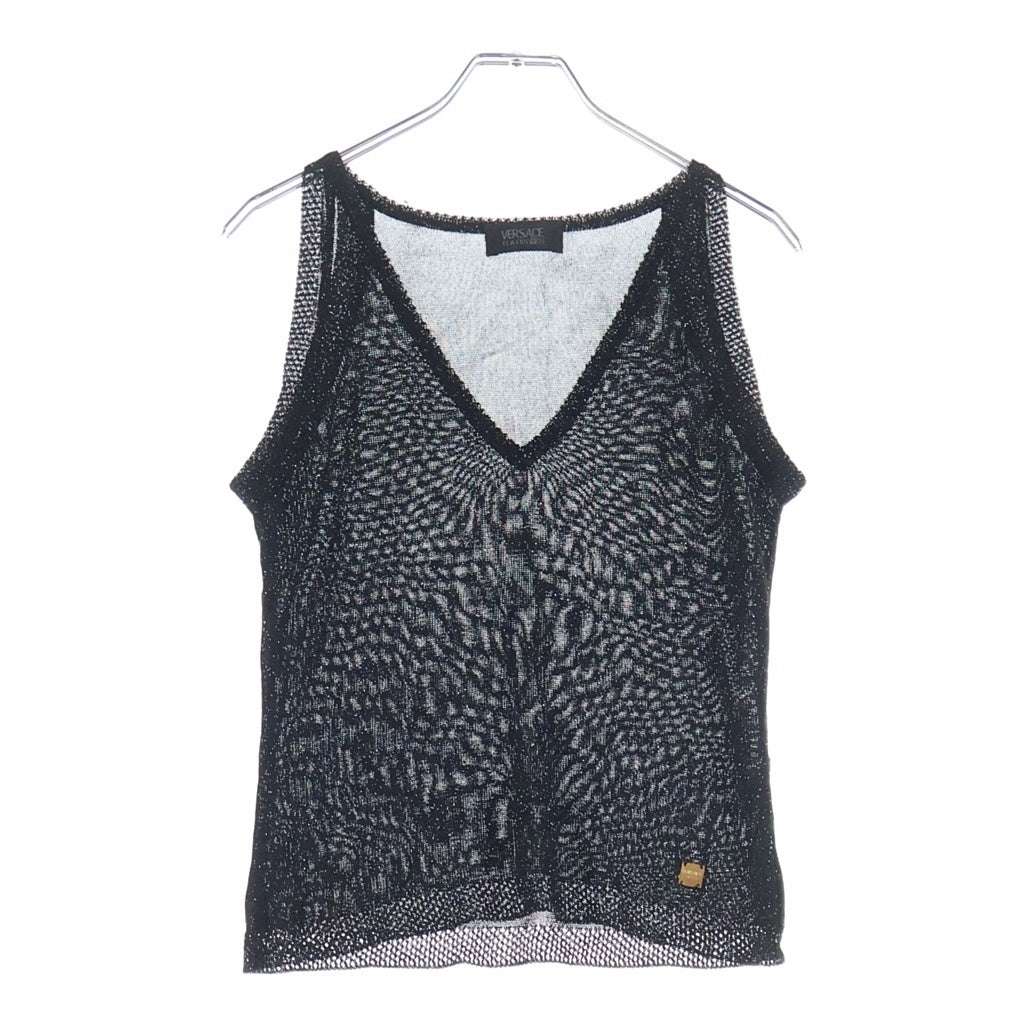 VERSACE(ヴェルサーチ) CLASSIC V2 ノースリーブトップス ベスト ラメ Vネック ブラック レディース