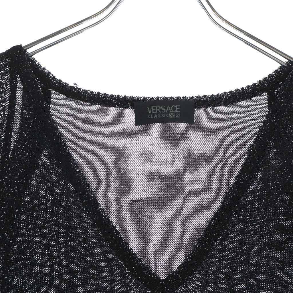 VERSACE(ヴェルサーチ) CLASSIC V2 ノースリーブトップス ベスト ラメ Vネック ブラック レディース