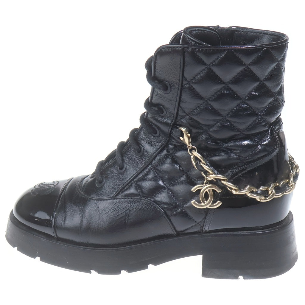 CHANEL(シャネル) マトラッセ ココマーク レザー レースアップ チェーンブーツ ショートブーツ #36 ブラック レディース