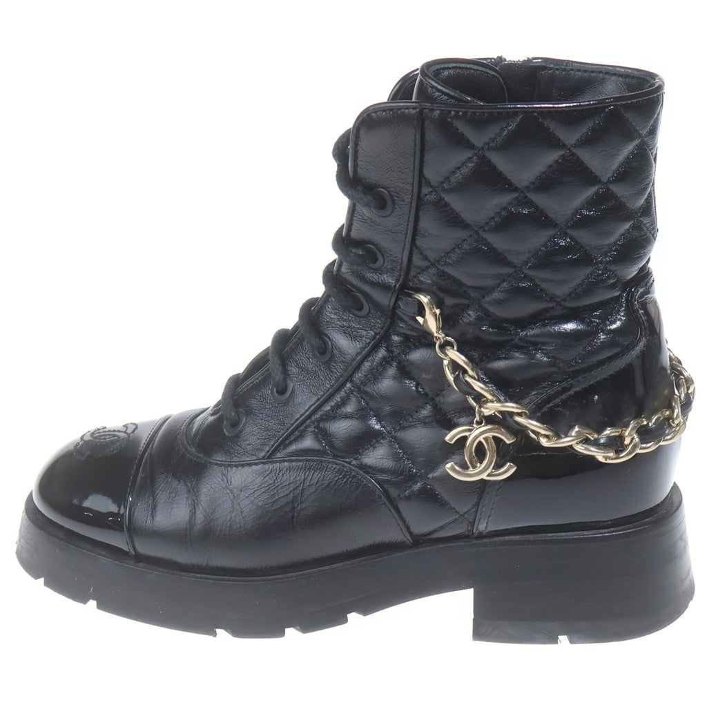 CHANEL(シャネル) マトラッセ ココマーク レザー レースアップ チェーンブーツ ショートブーツ #36 ブラック レディース