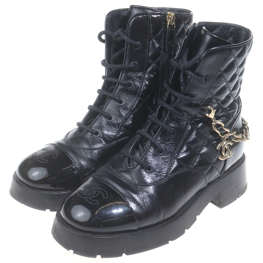 CHANEL(シャネル) マトラッセ ココマーク レザー レースアップ チェーンブーツ ショートブーツ #36 ブラック レディース