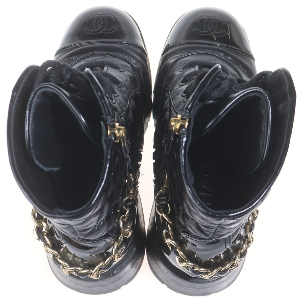 CHANEL(シャネル) マトラッセ ココマーク レザー レースアップ チェーンブーツ ショートブーツ #36 ブラック レディース