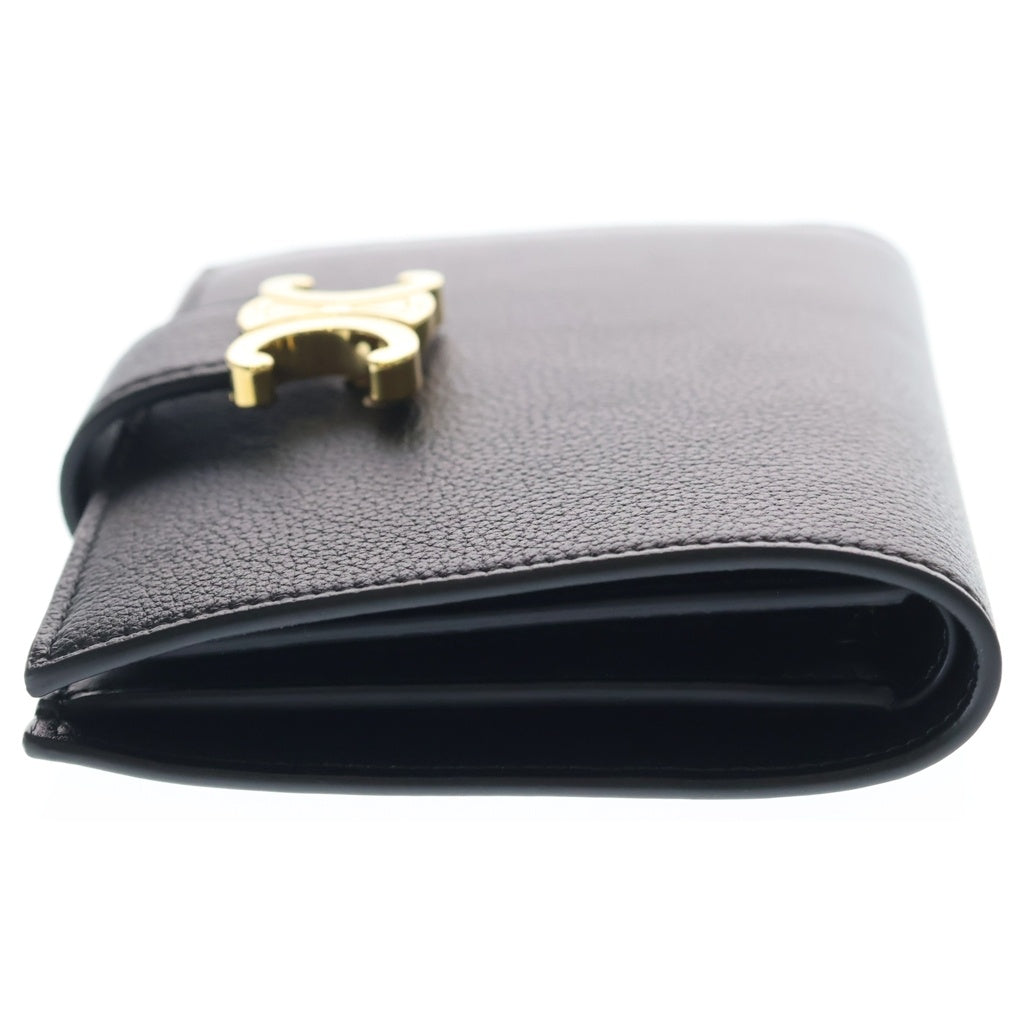 CELINE(セリーヌ) トリオンフ ストラップウォレット ニノ 二つ折り財布 コインケース ブラック レザー ゴールド金具 レディース
