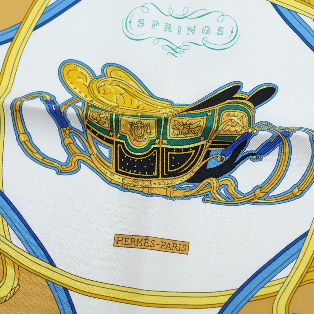 HERMES(エルメス) カレ45 スプリングス シルクスカーフ ホワイト×イエロー レディース