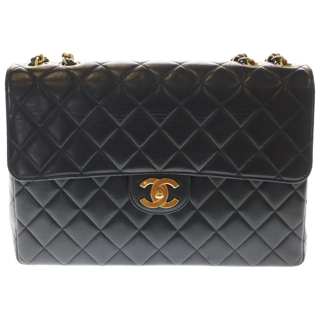 CHANEL(シャネル) デカマトラッセ30 SフラップWチェーンショルダーバッグ ブラック ラムスキン ゴールド金具 レディース
