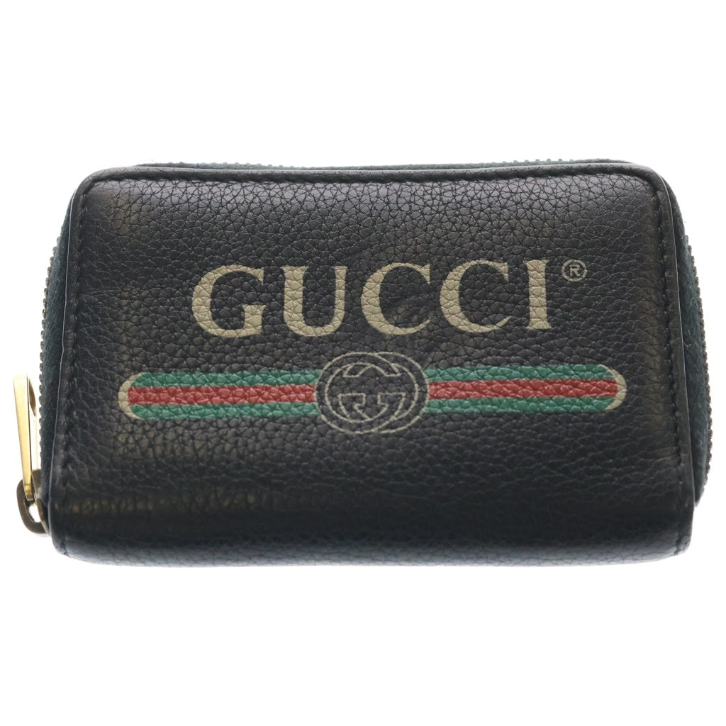 GUCCI(グッチ) ロゴプリント ラウンドファスナー レザー コインケース カードケース 名刺入れ コンパクトウォレット 財布 ブラック 496319