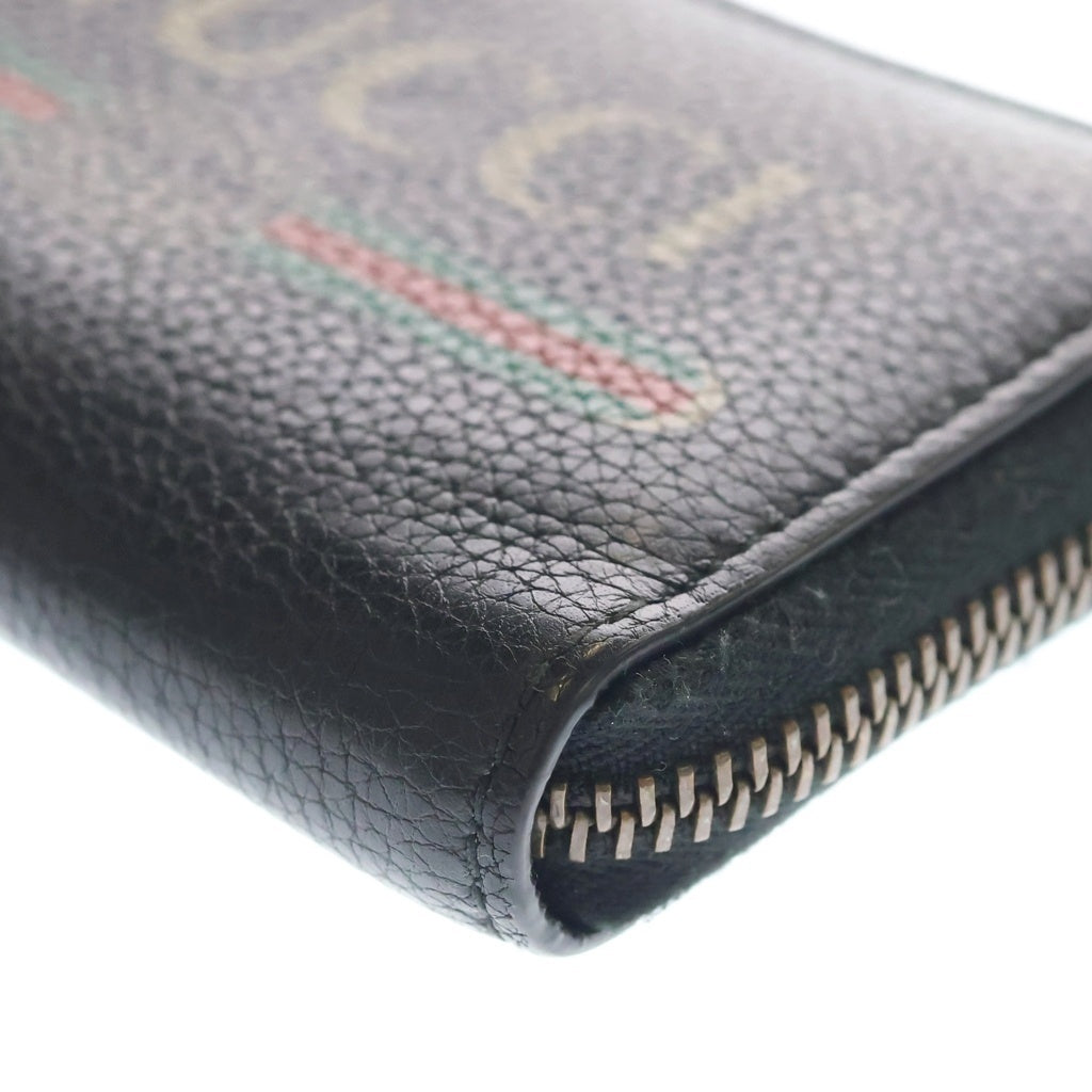 GUCCI(グッチ) ロゴプリント ラウンドファスナー レザー コインケース カードケース 名刺入れ コンパクトウォレット 財布 ブラック 496319