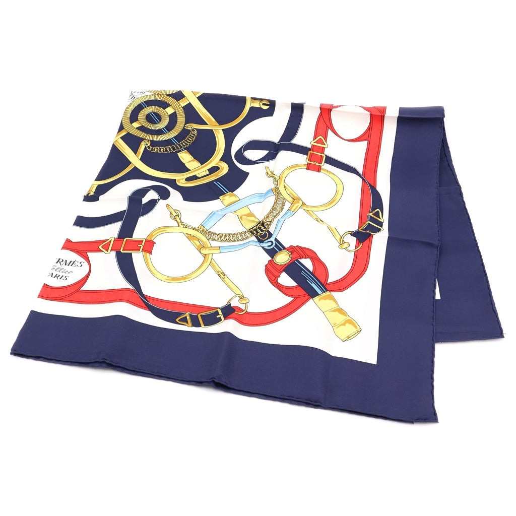 HERMES(エルメス) カレ90 Eperon d'or 黄金の拍車 シルク スカーフ ネイビー/ホワイト レディース