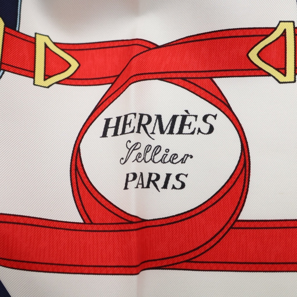HERMES(エルメス) カレ90 Eperon d'or 黄金の拍車 シルク スカーフ ネイビー/ホワイト レディース