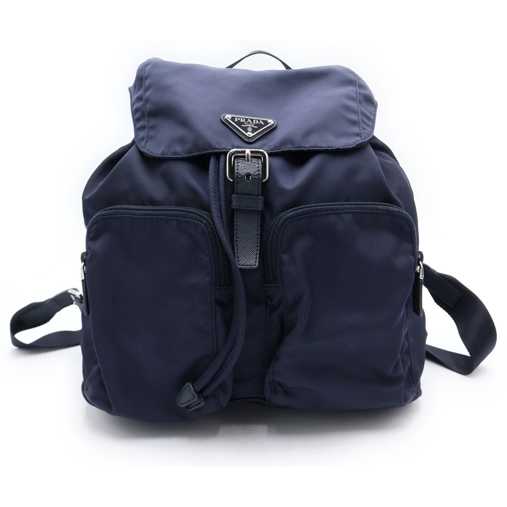 PRADA(プラダ) テスート ナイロン ロゴ三角プレート バックパック リュックサック ネイビー 1BZ005 シルバー金具
