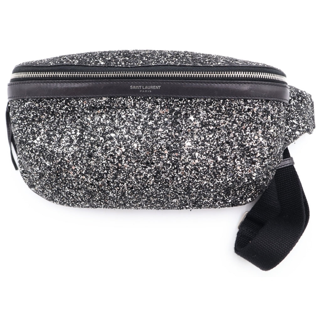 SAINT LAURENT PARIS(サンローランパリ) ボディバッグ ウエストバッグ ショルダーバッグ ブラック レザー×スパンコール ラメ グリッター 505671 シルバー金具 レディース