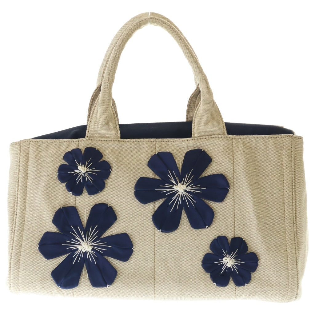 PRADA(プラダ) カナパ フラワーアップリケ トートバッグ ハンドバッグ アイボリー×ネイビー キャンバス シルバー金具 レディース
