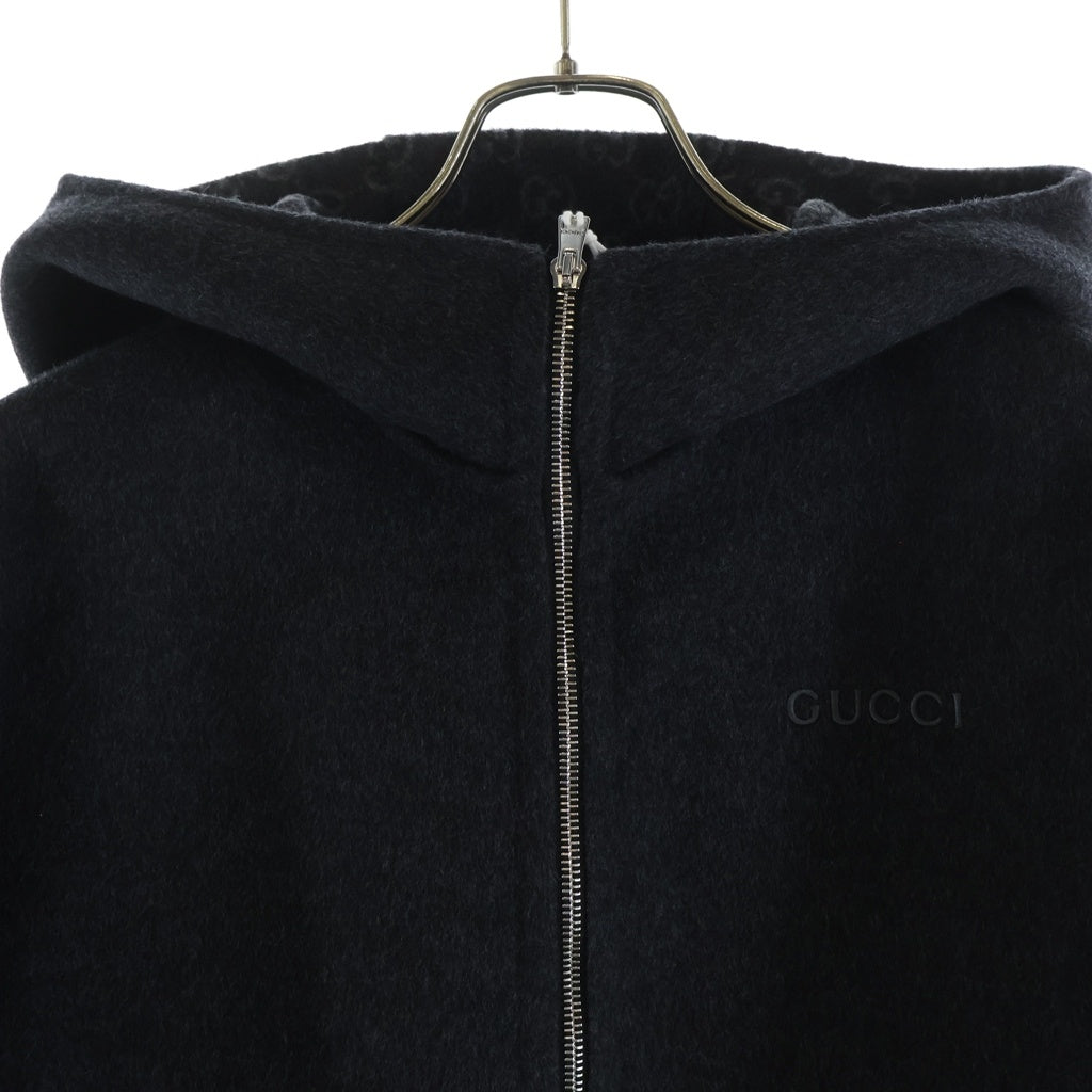 GUCCI(グッチ) 25AW ロゴ刺繍 シルク混ウール ジップアップ フーデッド ジャケット グレー 808884