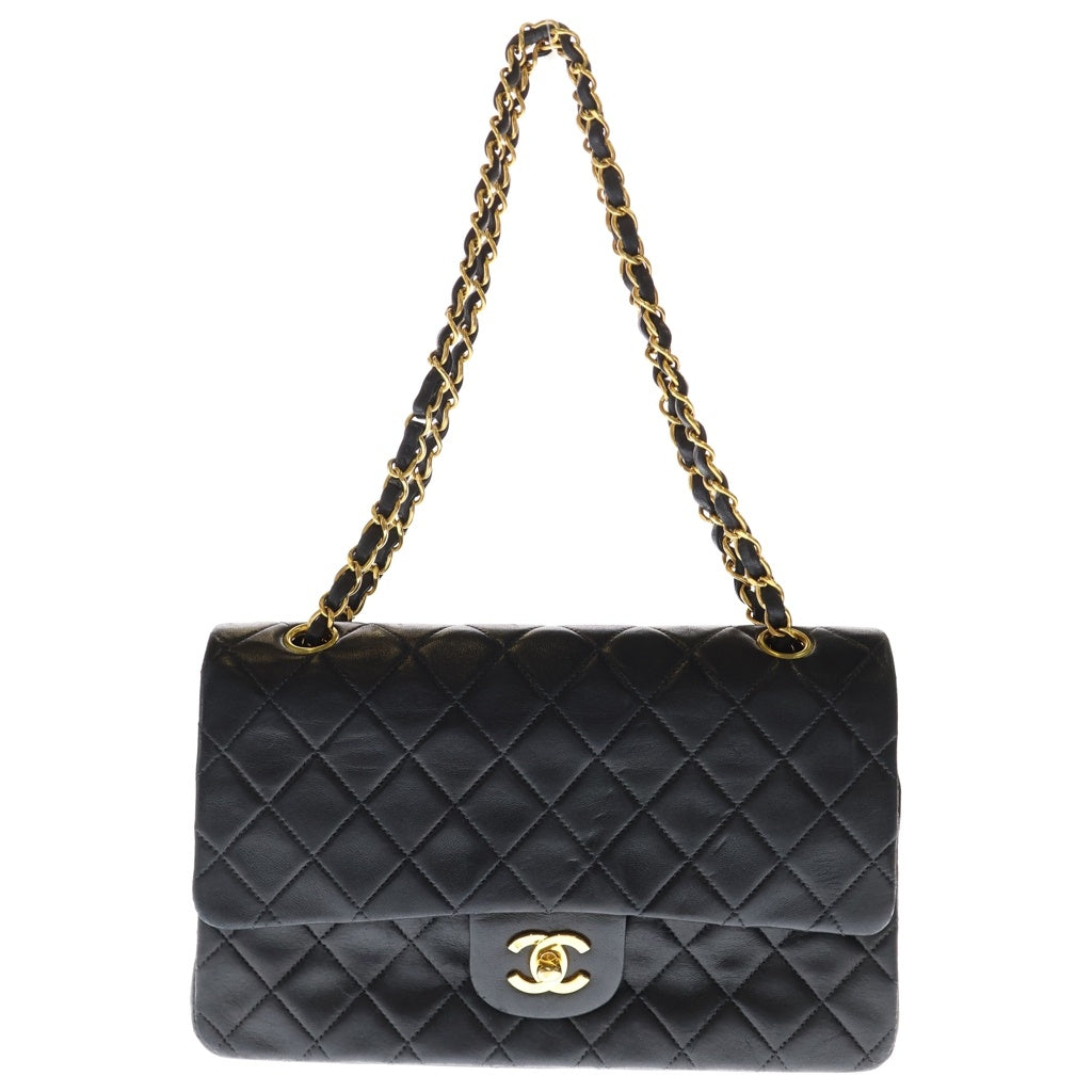 CHANEL(シャネル) マトラッセ25 WフラップWチェーンショルダーバッグ ブラック ラムスキン ゴールド金具 レディース