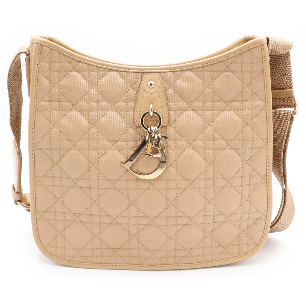 Christian Dior(クリスチャンディオール) カナージュ コーティングキャンバス レザー ショルダーバッグ ゴールド金具 ベージュ レディース