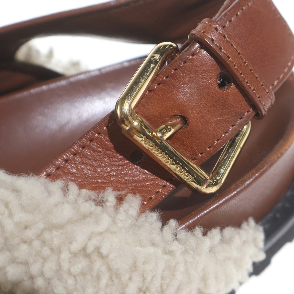 LOUIS VUITTON(ルイヴィトン) パセオライン モノグラム ボア シアリング レザー フラット サンダル シューズ ブラウン/ベージュ レディース