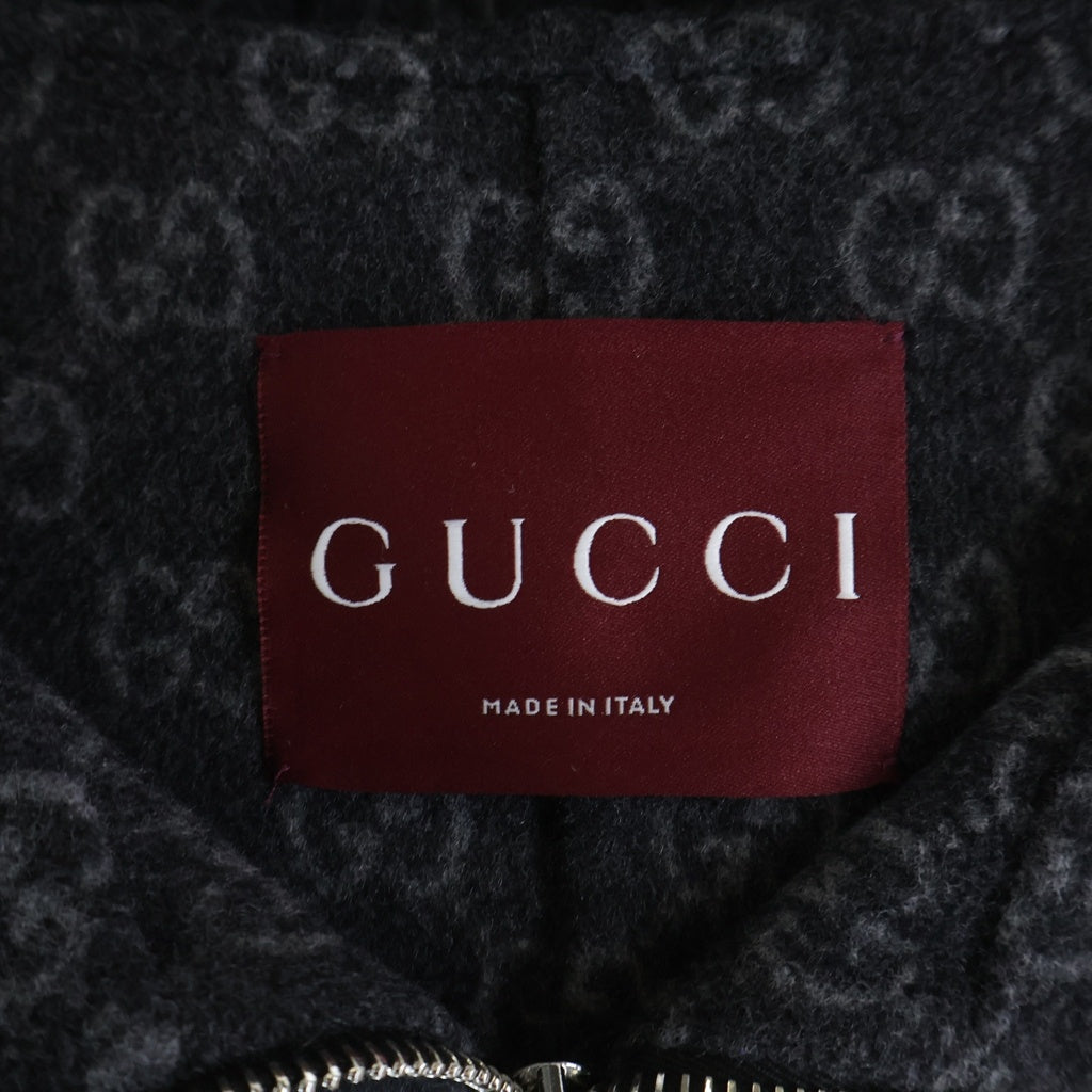 GUCCI(グッチ) 25AW ロゴ刺繍 シルク混 ウール ジップアップ フーデッド ジャケット グレー 808884