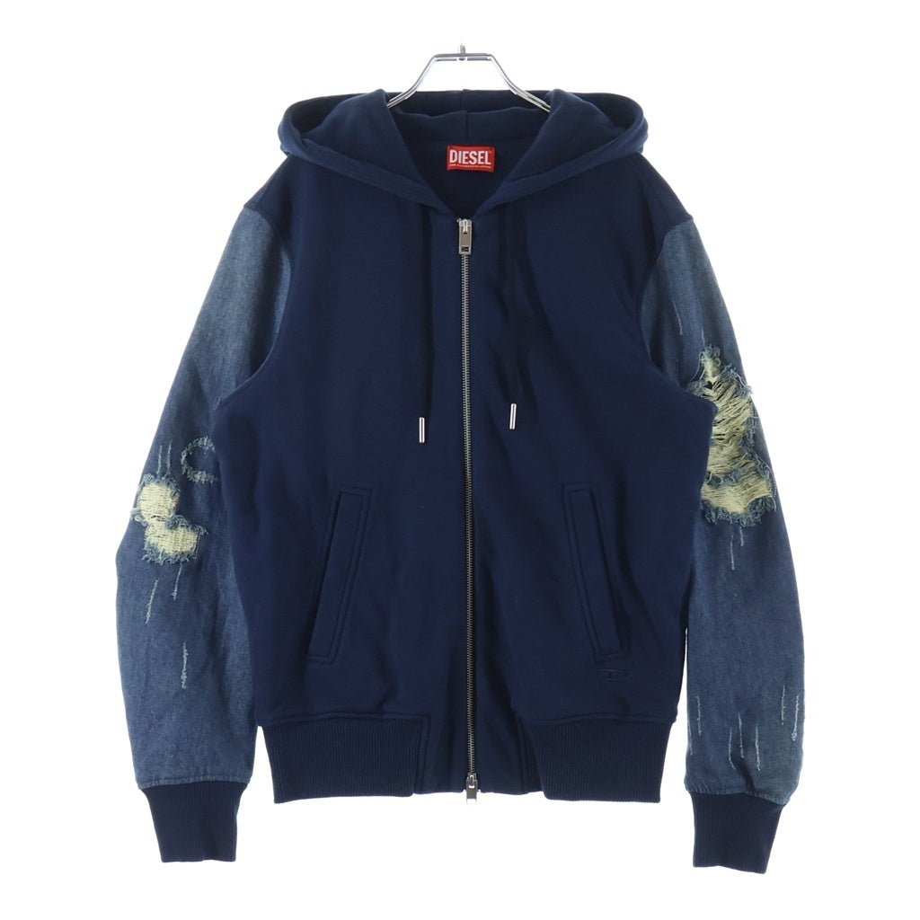 DIESEL(ディーゼル) デニム×コットン 切替 ダメージ フーデッド ジップパーカー アウター #S ネイビー/ブルー S-MIRR-NEW