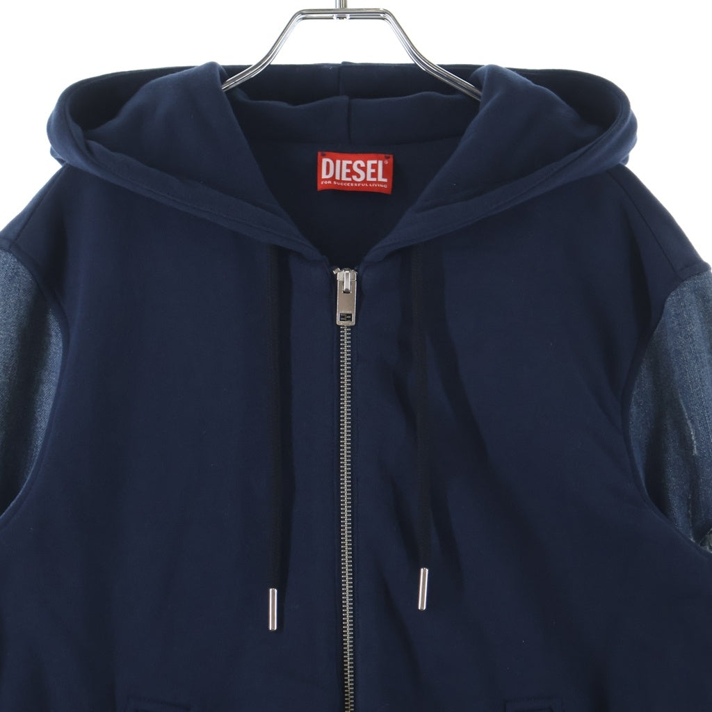 DIESEL(ディーゼル) デニム×コットン 切替 ダメージ フーデッド ジップパーカー アウター #S ネイビー/ブルー S-MIRR-NEW