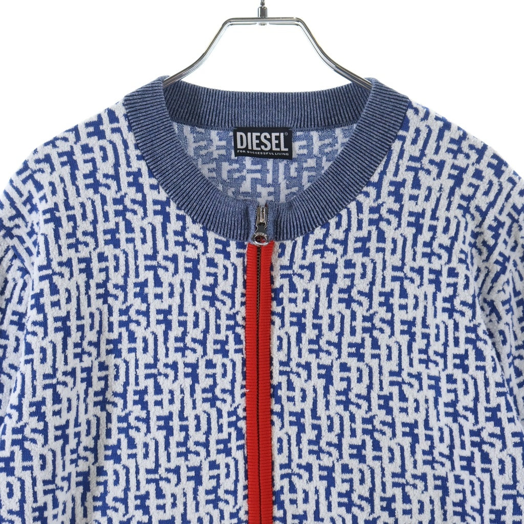 DIESEL(ディーゼル) 23SS ロゴ 総柄 ジャガード レーヨン×コットン ダブルジップ ニット カーディガン #S ブルー/ホワイト