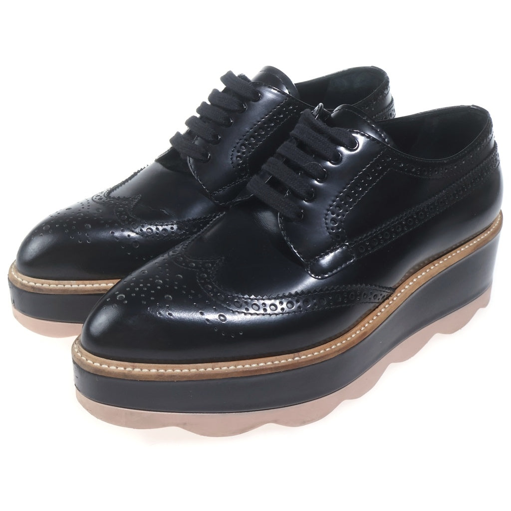 PRADA(プラダ) ウィングチップ メダリオン 厚底 プラットフォーム レザー レースアップ ドレス シューズ ブラック レディース
