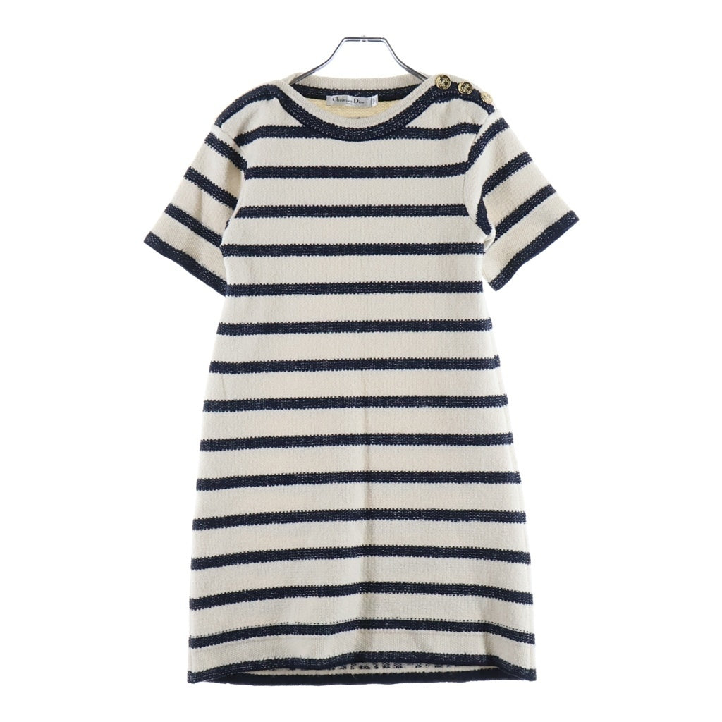 Christian Dior(クリスチャンディオール) 23SS ボーダー ストライプ コットン×ウール 半袖 ワンピース #34 ホワイト/ネイビー 314R14AM726 レディース