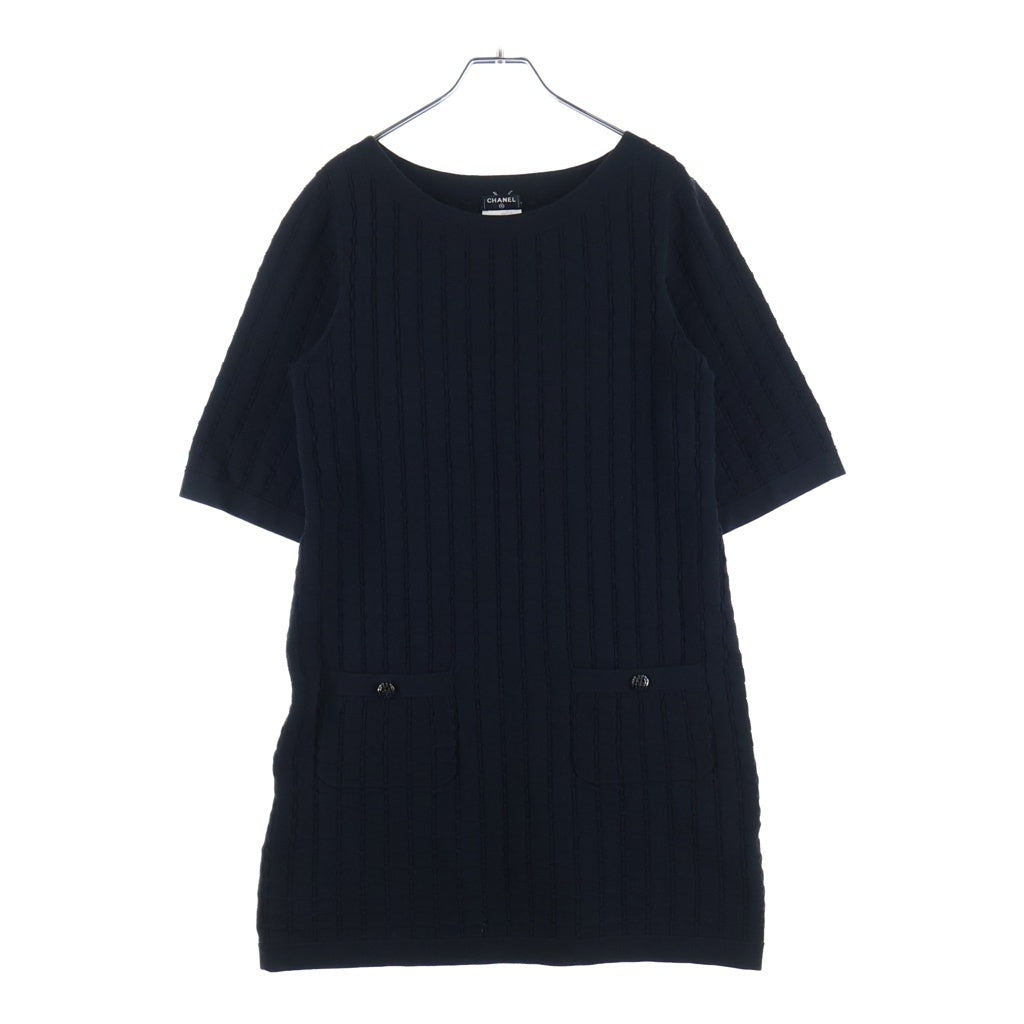 CHANEL(シャネル) ココボタン ワッフル フロントポケット コットン×ナイロン 半袖 ワンピース #34 ネイビー P47576K06087 レディース