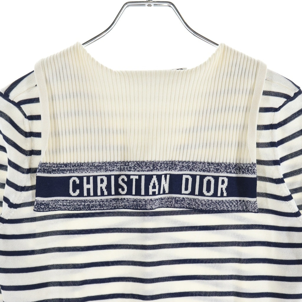Christian Dior(クリスチャンディオール) ロゴ ストライプ ボーダー シルク×コットン セーラーニット 長袖 ニット #34 ホワイト/ネイビー 144S49AM603 レディース