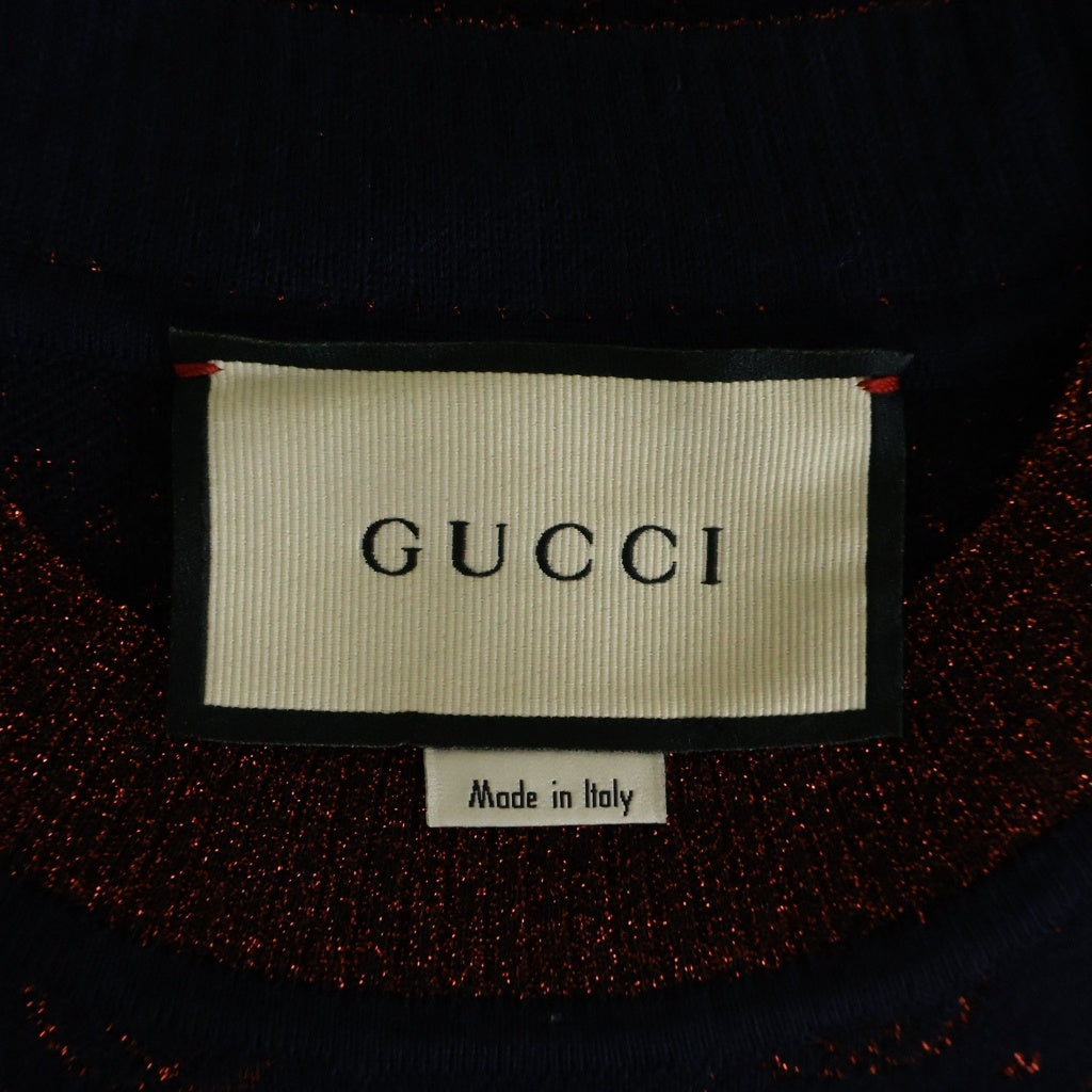 GUCCI(グッチ) GG総柄 インターロッキングG ウール×ポリエステル 半袖 ラメ ニット ショートスリーブド セーター#XXS ネイビー/レッド 605920 レディース