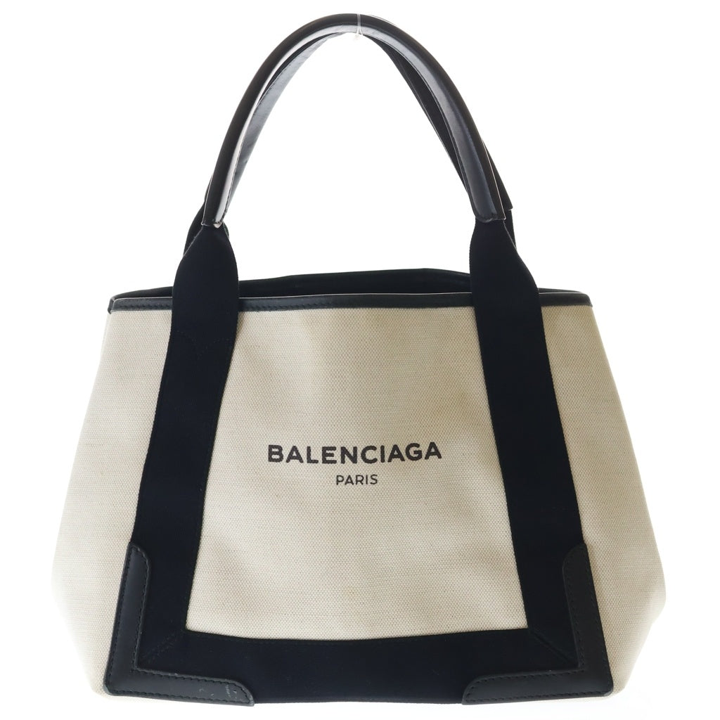 BALENCIAGA(バレンシアガ) ネイビーカバスS トートバッグ ハンドバッグ アイボリー×ブラック キャンバス×レザー 339933 シルバー金具 レディース