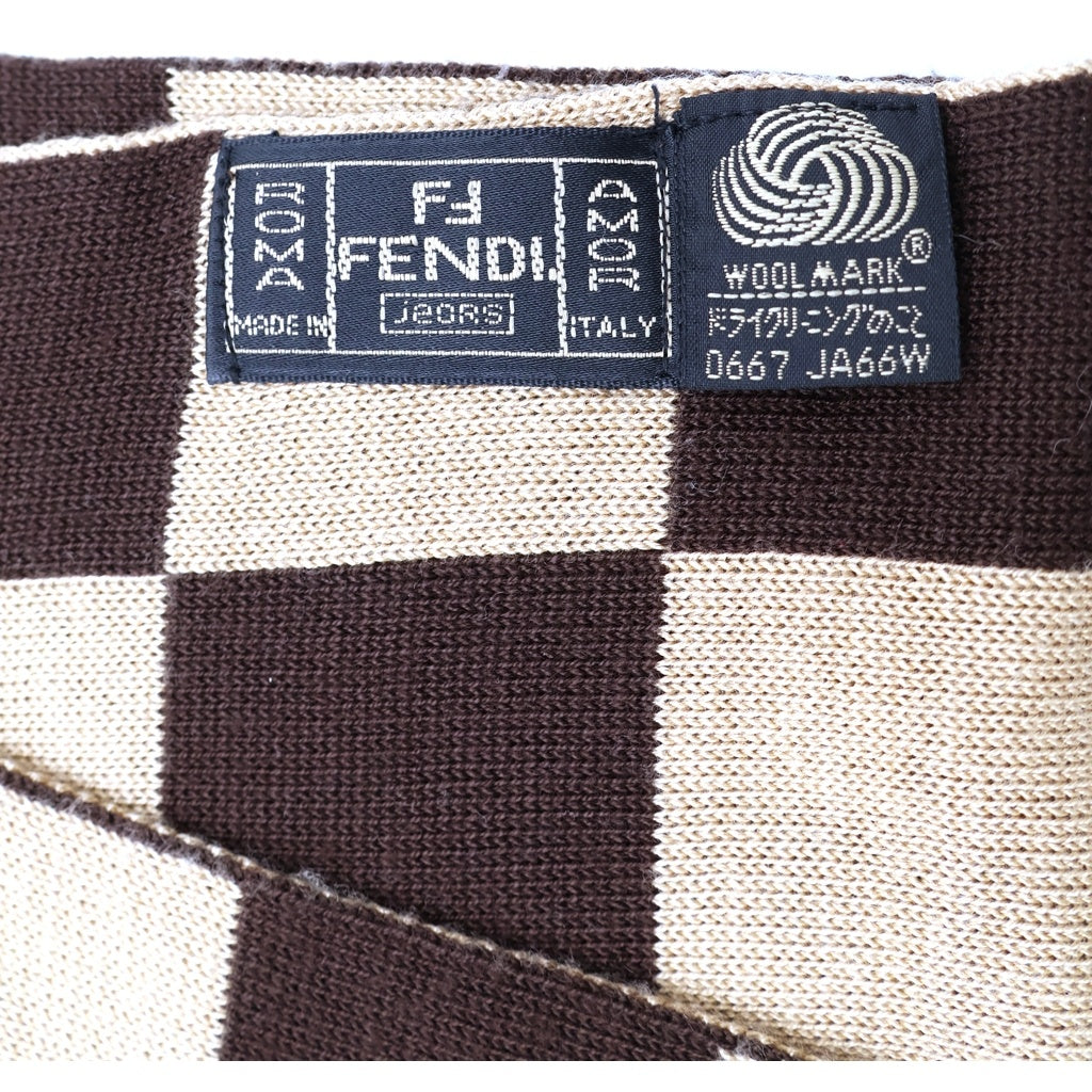 FENDI(フェンディ) ロゴ ブロックチェック総柄ジャガード ニット マフラー ブラウン レディース