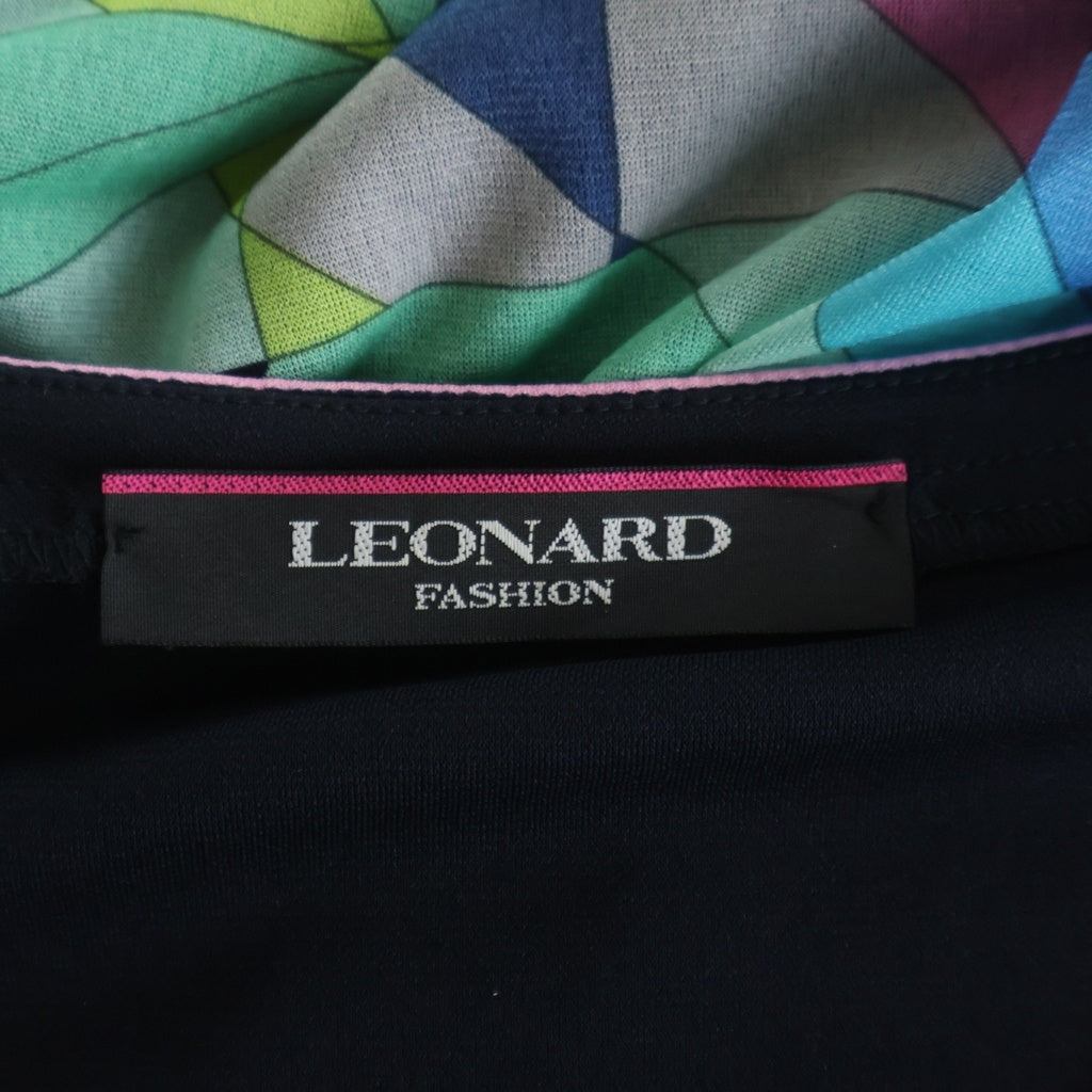 LEONARD(レオナール) 総柄プリント 切り替え アセテート Vネック 長袖 ワンピース ドレス ネイビー/ライトブルー レディース