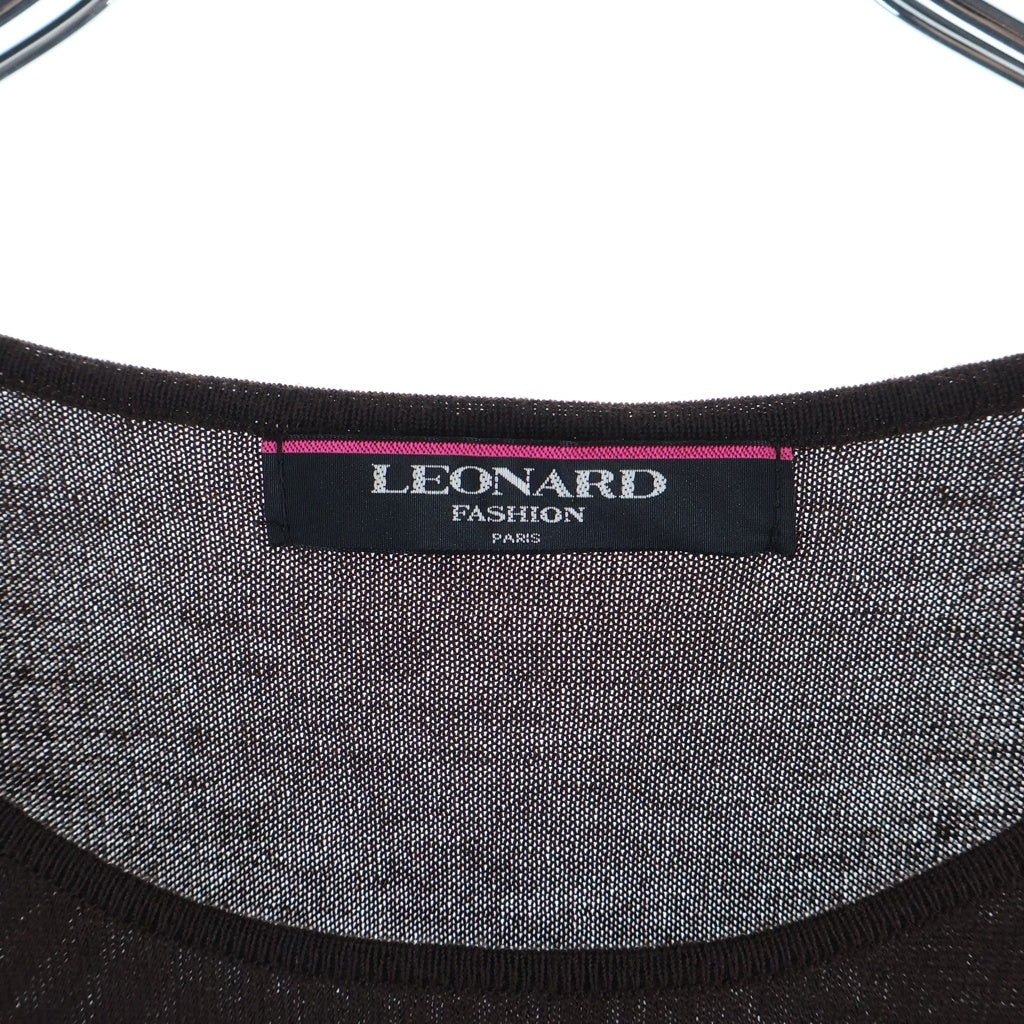 LEONARD(レオナール) ロゴ刺繍 クルーネック シルク混 カシミヤ 長袖ニット セーター ブラウン レディース