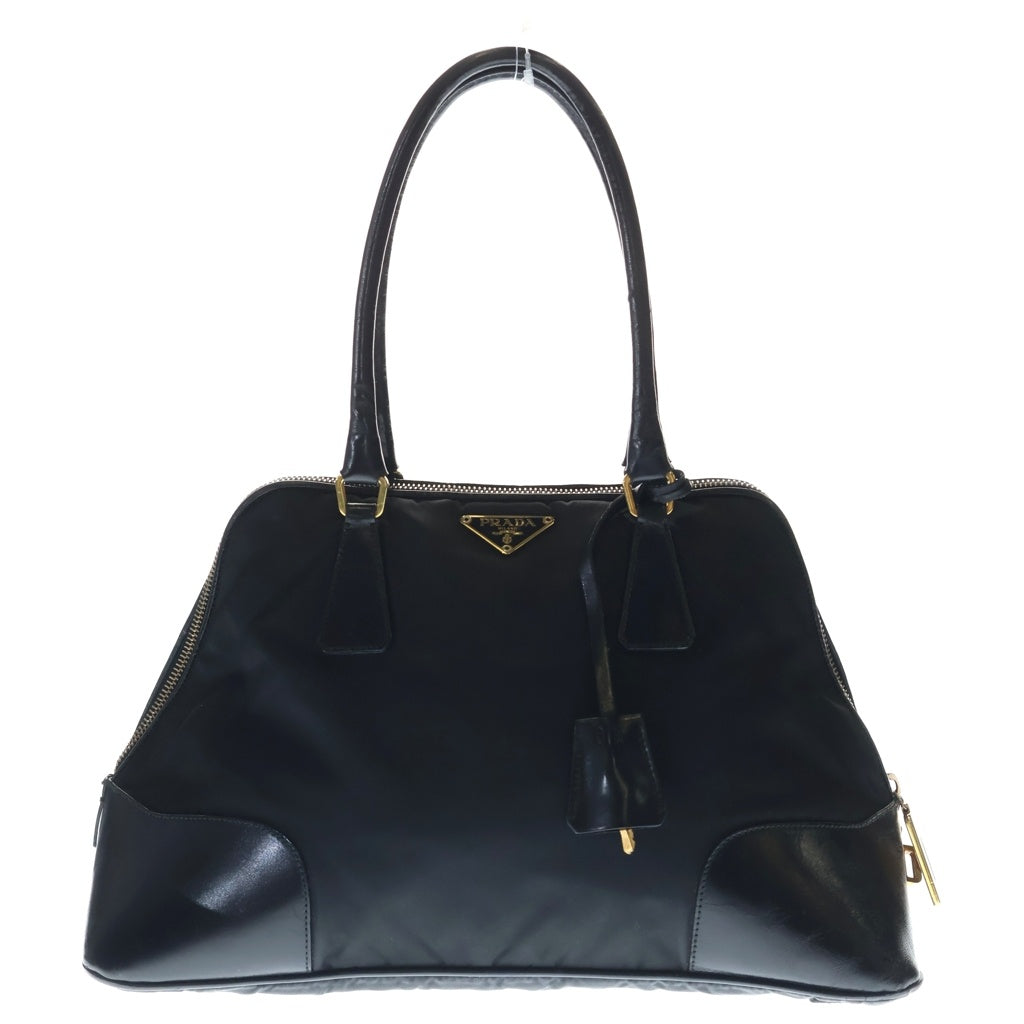 PRADA(プラダ) トライアングルロゴプレート ナイロン レザー ハンドバッグ ゴールド金具 ブラック レディース