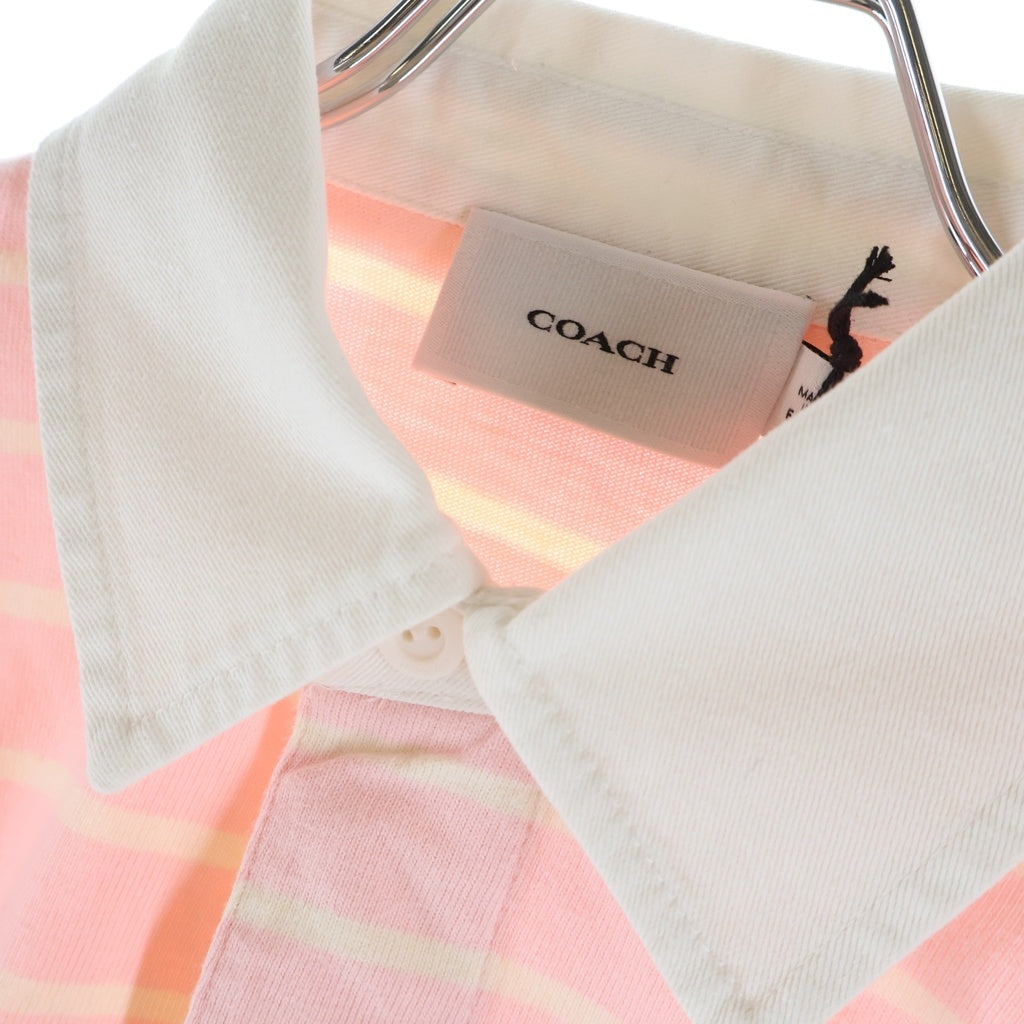 COACH(コーチ) ロゴ刺繍 長袖ボーダーポロシャツ カットソー コットン ピンク CDI35 レディース