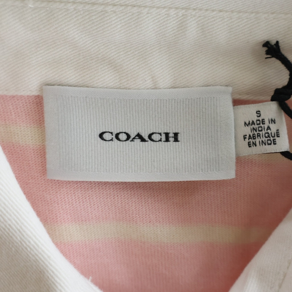 COACH(コーチ) ロゴ刺繍 長袖ボーダーポロシャツ カットソー コットン ピンク CDI35 レディース