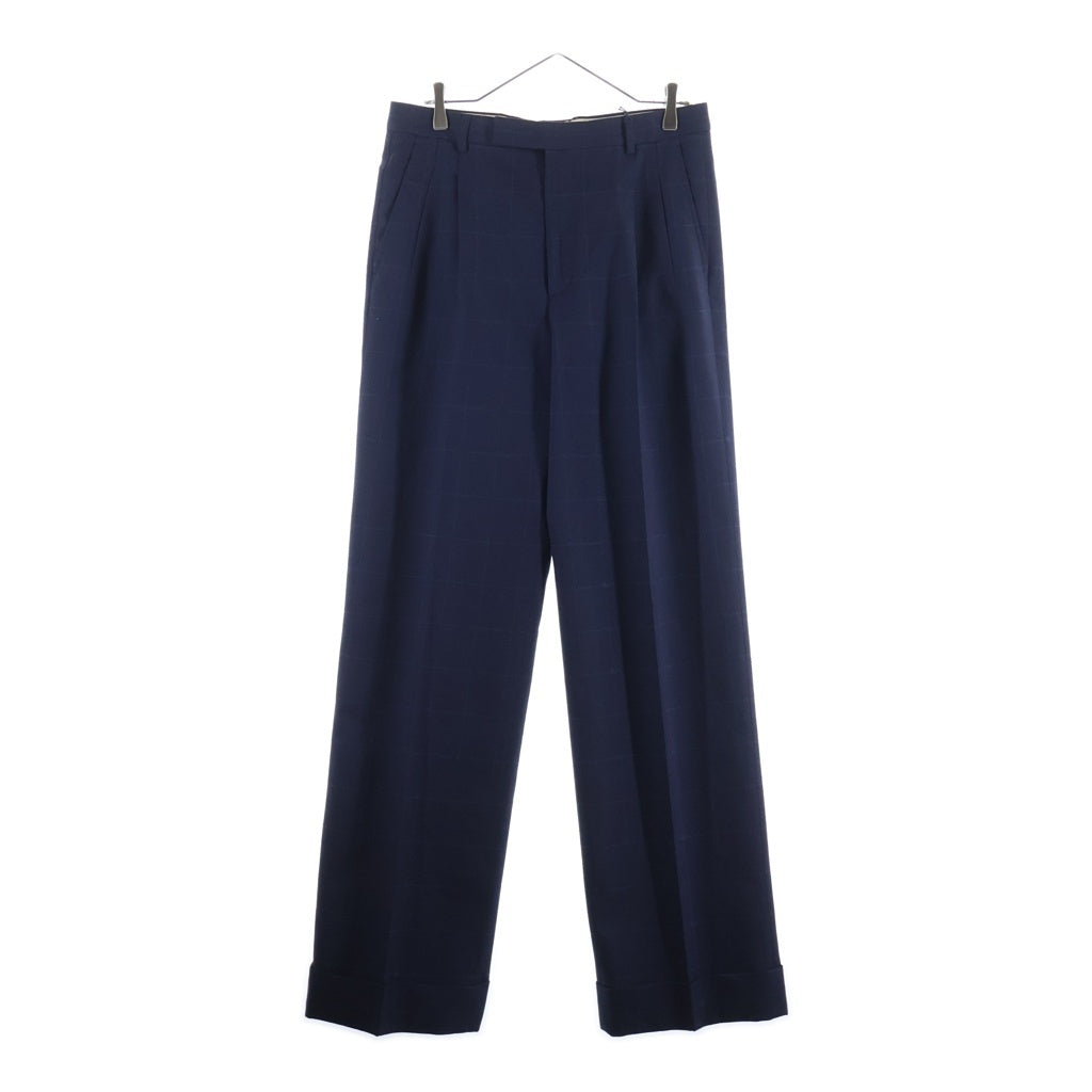 GUCCI(グッチ) 23AW センタープレス ワイドパンツ スラックス チェック ウール GGロゴ ネイビー 756408