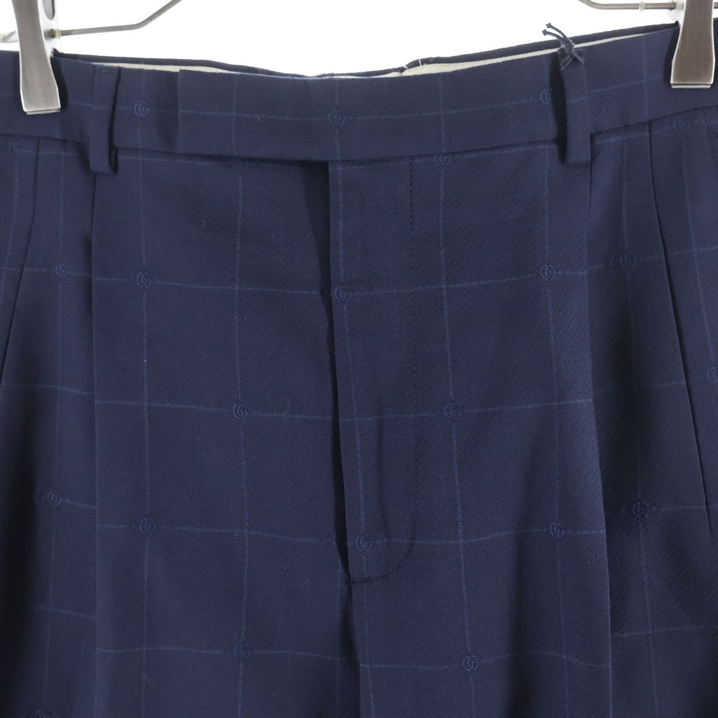 GUCCI(グッチ) 23AW センタープレス ワイドパンツ スラックス チェック ウール GGロゴ ネイビー 756408