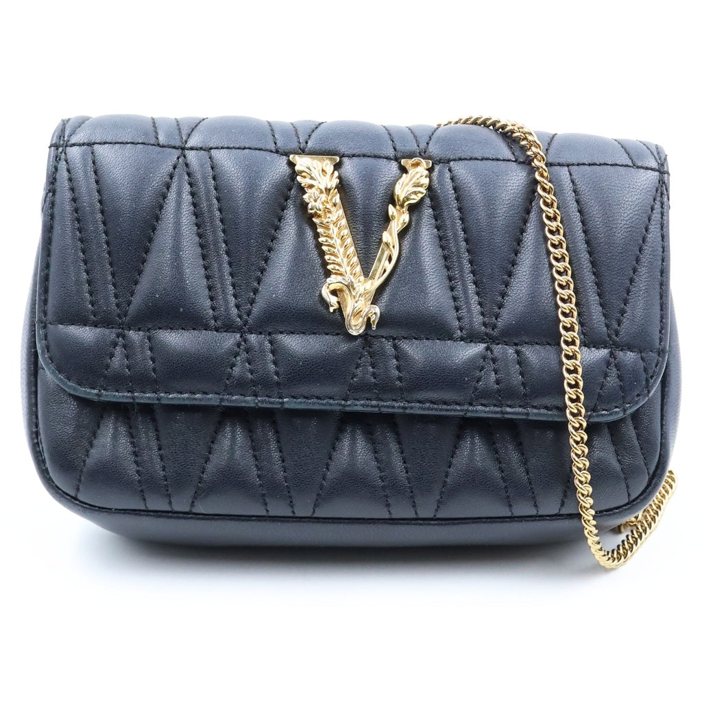 VERSACE(ヴェルサーチ) ヴィルトゥス Vロゴプレート キルティング ラムスキン レザー チェーンショルダーバッグ ゴールド金具 ブラック レディース