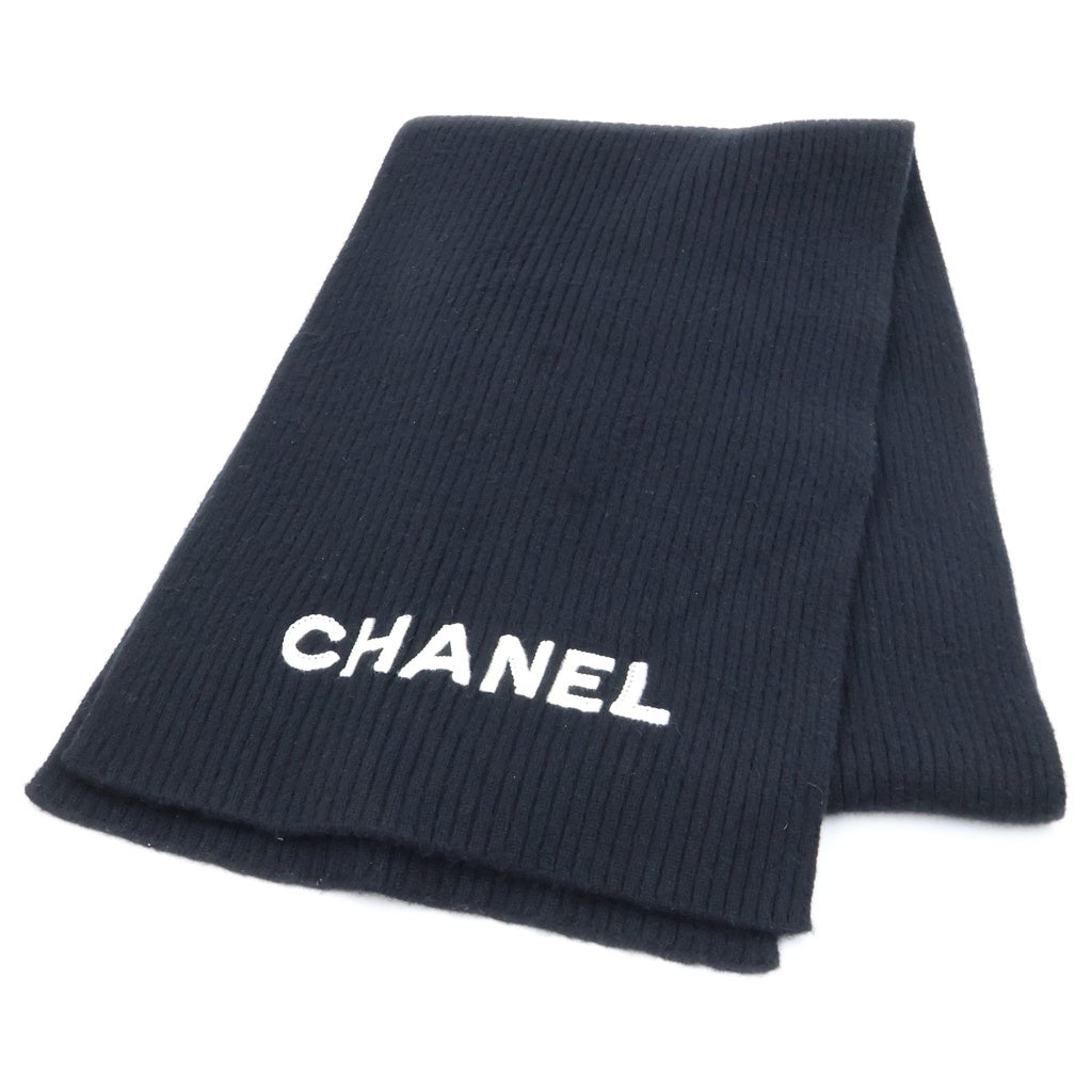 CHANEL(シャネル) Cashmere Stall ロゴ刺繍 リブ編みカシミヤストール マフラー イタリア製 ブラック レディース