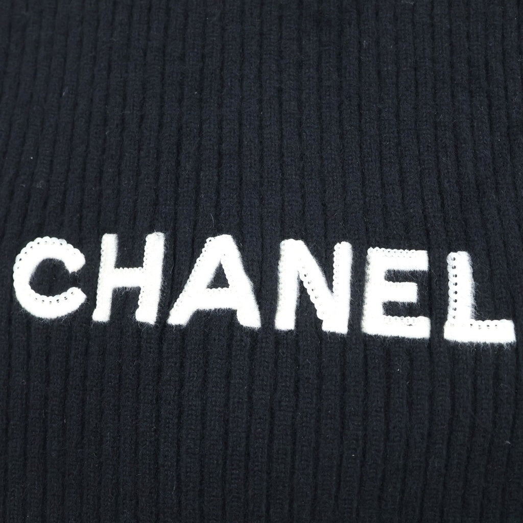CHANEL(シャネル) Cashmere Stall ロゴ刺繍 リブ編みカシミヤストール マフラー イタリア製 ブラック レディース