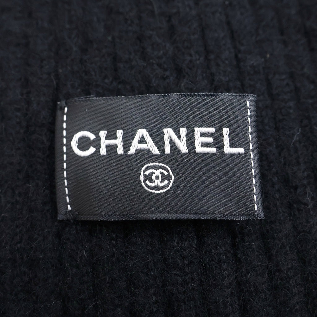 CHANEL(シャネル) Cashmere Stall ロゴ刺繍 リブ編みカシミヤストール マフラー イタリア製 ブラック レディース
