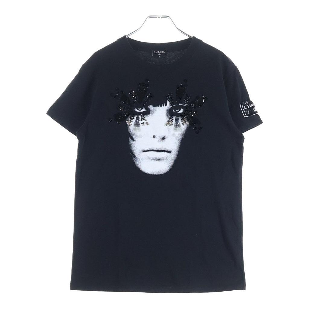 CHANEL(シャネル) Face Print T-Shirt フェイスプリント スパンコール ビジュー装飾 半袖Tシャツ カットソー コットン ブラック P72144K10357 レディース