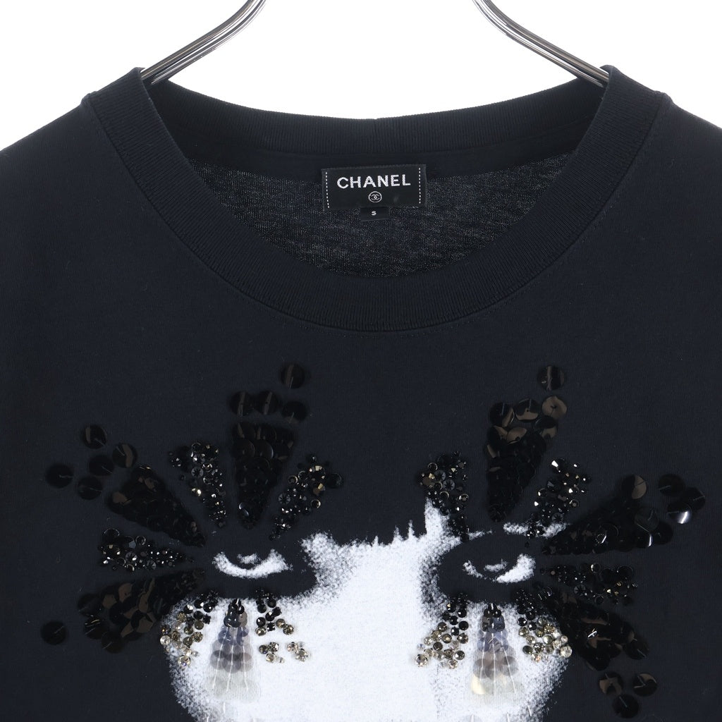 CHANEL(シャネル) Face Print T-Shirt フェイスプリント スパンコール ビジュー装飾 半袖Tシャツ カットソー コットン ブラック P72144K10357 レディース